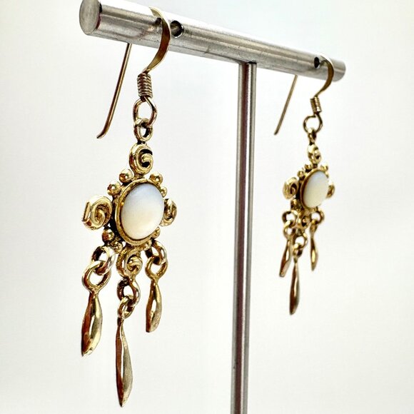 VTG Solid Sterling Silver 925 White Gemstone Dangle Earrings Size 2" Length - Picture 2 of 12